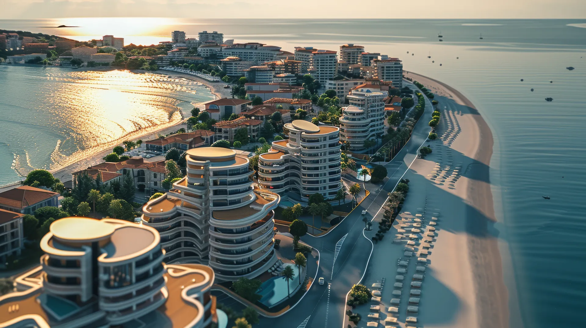 A warm coastal residential development at sunset